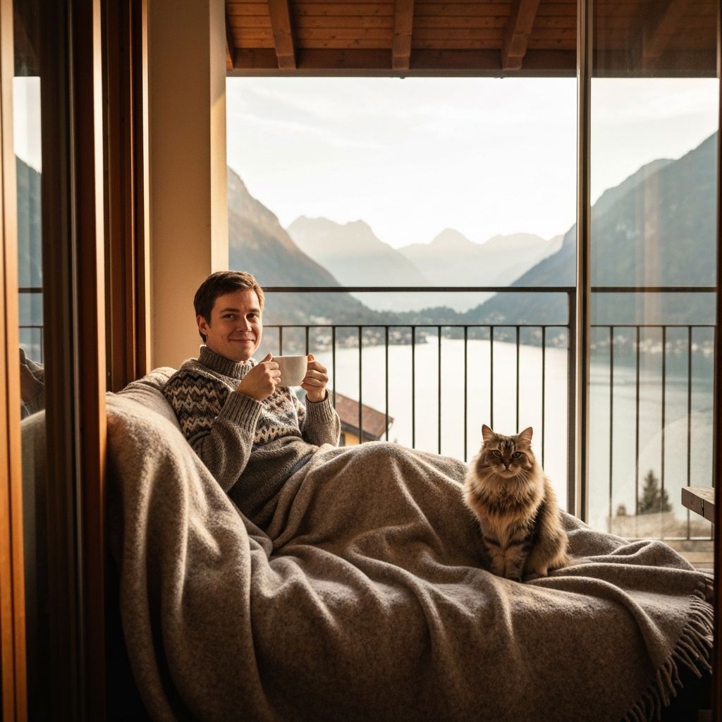 Morning coffee with cat on scenic balcony
