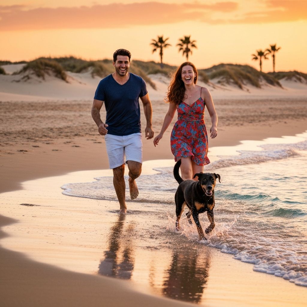 Beach fun with dog at sunset